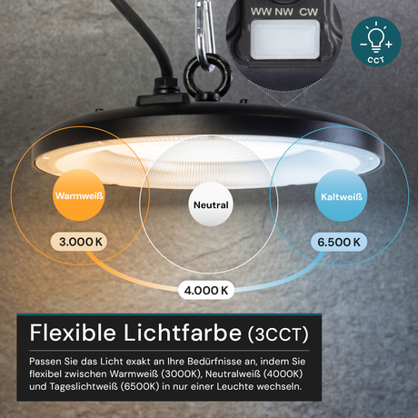 LED-HighBay, UFO, schwarz, 100 W, 10000 lm, 3CCT 3000-6500 K (warm-, neutral-, kaltweiß), IP65.