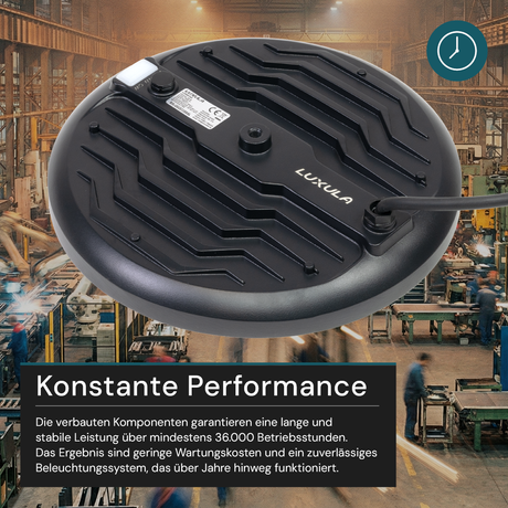 LED-HighBay, UFO, schwarz, 100 W, 10000 lm, 3CCT 3000-6500 K (warm-, neutral-, kaltweiß), IP65.