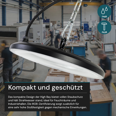 LED-HighBay, UFO, schwarz, 150 W, 15000 lm, 3CCT 3000-6500 K (warm-, neutral-, kaltweiß), IP65