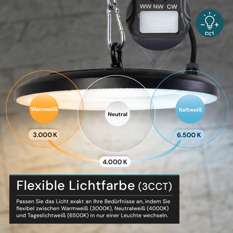 LED-HighBay, UFO, schwarz, 150 W, 15000 lm, 3CCT 3000-6500 K (warm-, neutral-, kaltweiß), IP65