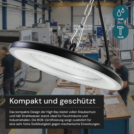 LED-HighBay, UFO, schwarz, 200 W, 20000 lm, 3CCT 3000-6500 K (warm-, neutral-, kaltweiß), IP65