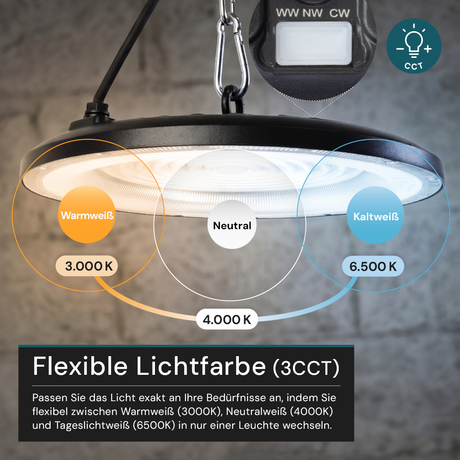 LED-HighBay, UFO, schwarz, 200 W, 20000 lm, 3CCT 3000-6500 K (warm-, neutral-, kaltweiß), IP65
