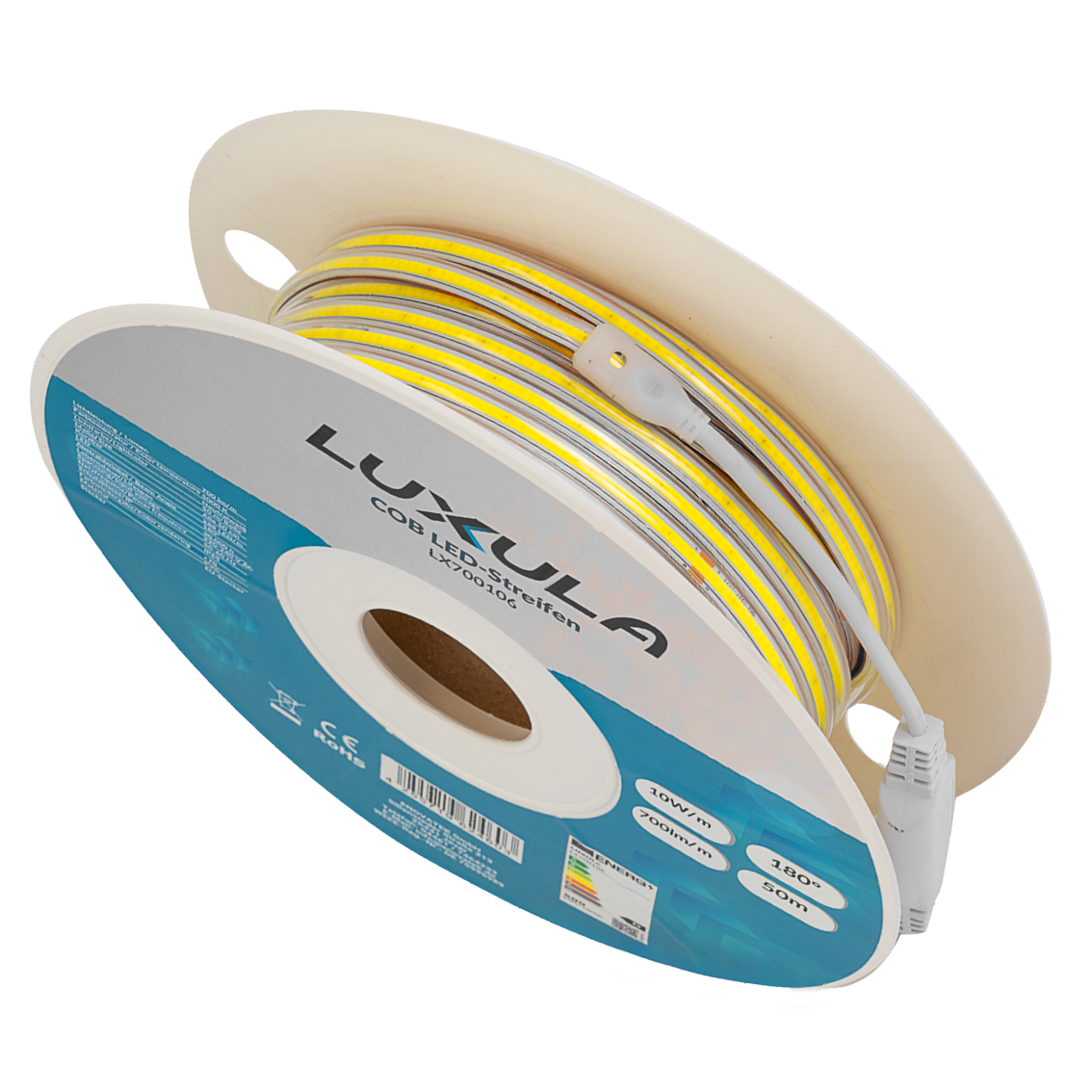 COB LED-Streifen, 50 m, grünes Licht, IP65-wassergeschützt, 288 LED/m, 220 V AC, EU-Stecker, 10 W/m, kürzbar und erweiterbar, Außen/Innen
