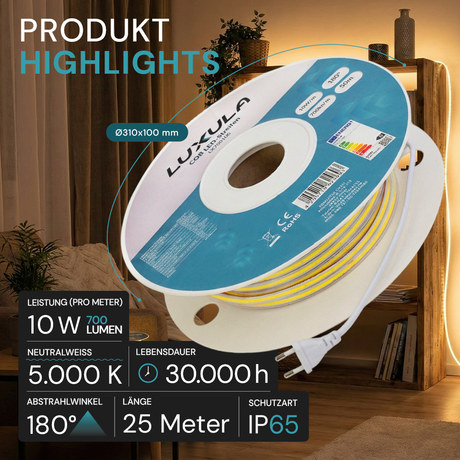 COB LED-Streifen, 25 m, 5000 K neutralweißes Licht, IP65-wassergeschützt, 288 LED/m, 220 V AC, EU-Stecker, 10 W/m, kürzbar und erweiterbar, Außen/Innen