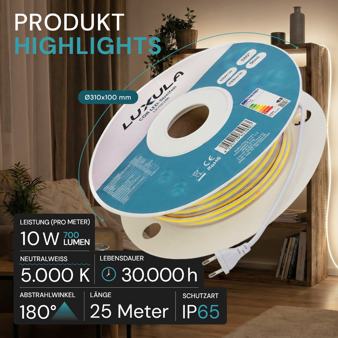 COB LED-Streifen, 25 m, 5000 K neutralweißes Licht, IP65-wassergeschützt, 288 LED/m, 220 V AC, EU-Stecker, 10 W/m, kürzbar und erweiterbar, Außen/Innen