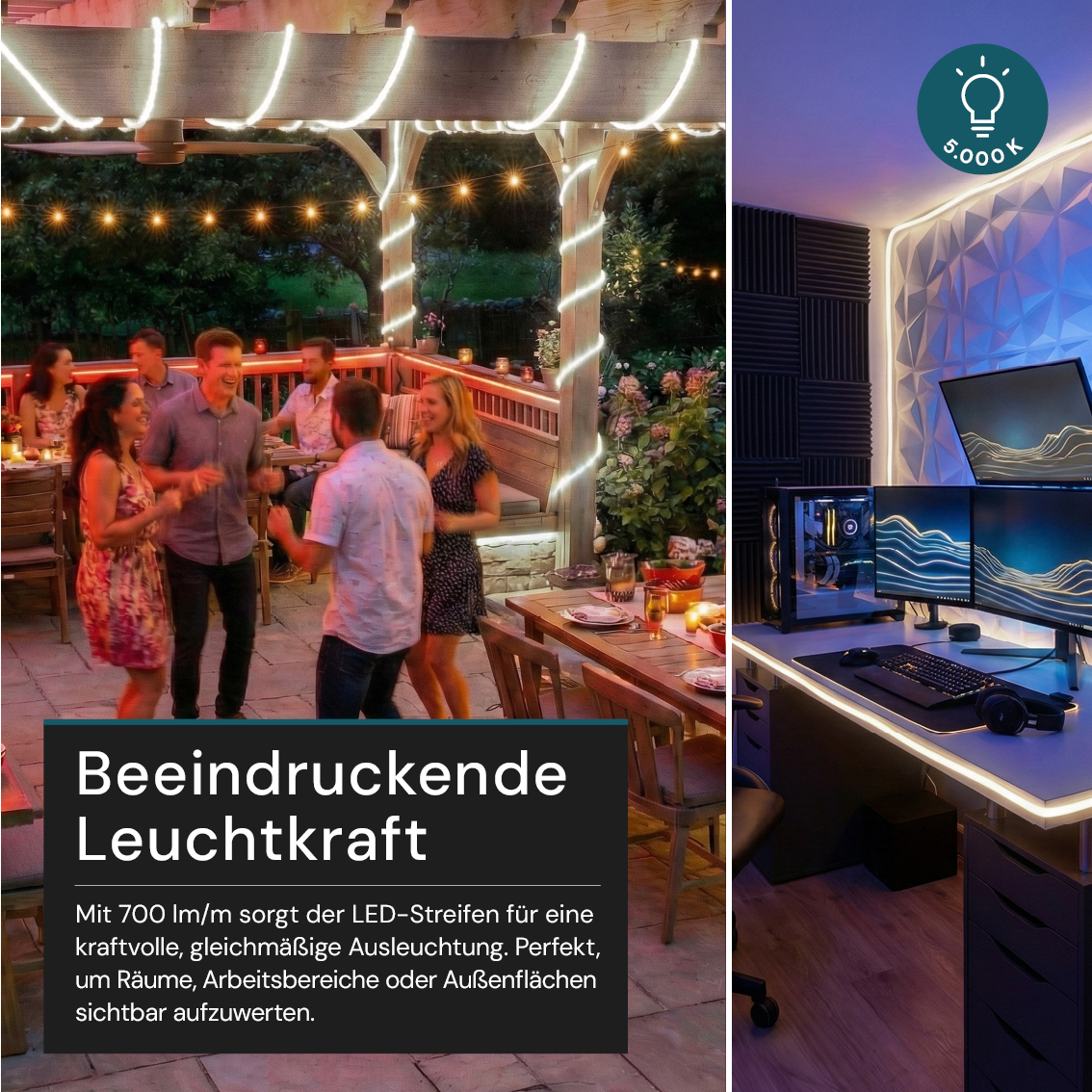 COB LED-Streifen, 25 m, 5000 K neutralweißes Licht, IP65-wassergeschützt, 288 LED/m, 220 V AC, EU-Stecker, 10 W/m, kürzbar und erweiterbar, Außen/Innen