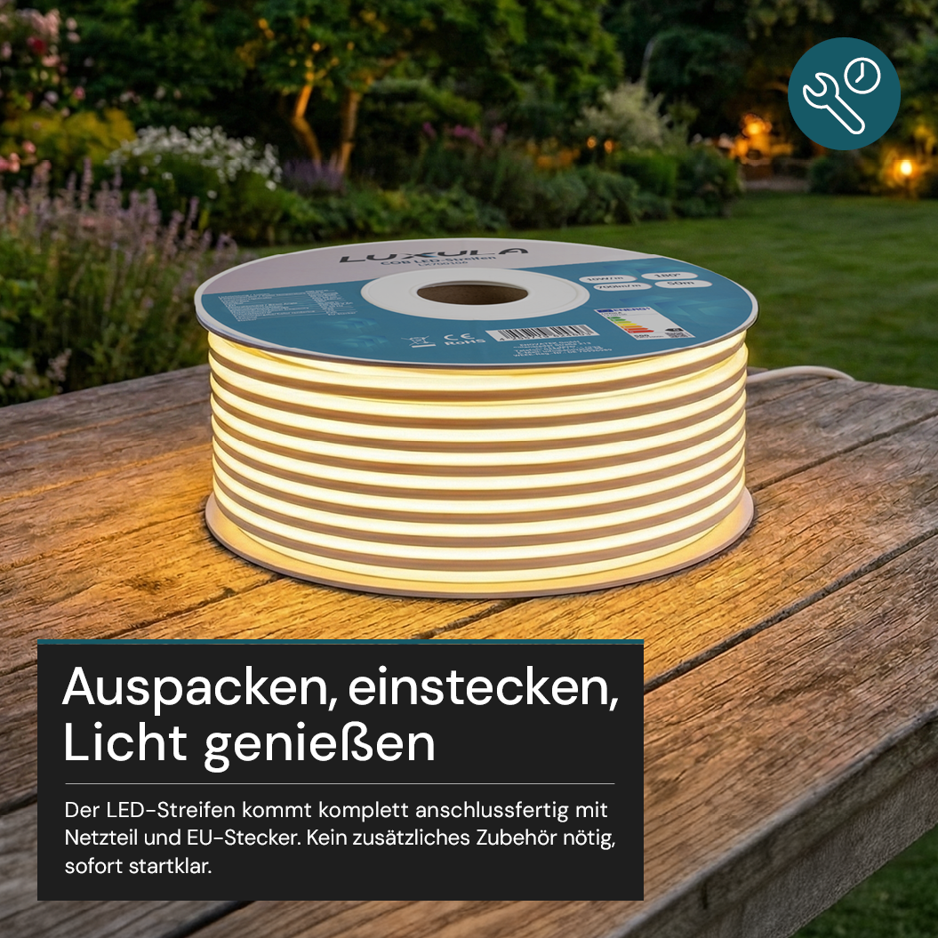 COB LED-Streifen, 25 m, 5000 K neutralweißes Licht, IP65-wassergeschützt, 288 LED/m, 220 V AC, EU-Stecker, 10 W/m, kürzbar und erweiterbar, Außen/Innen