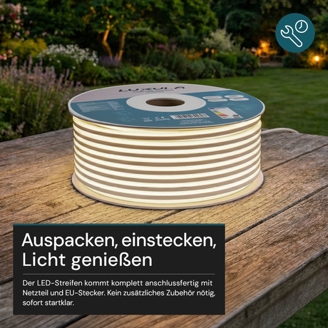 COB LED-Streifen, 25 m, 5000 K neutralweißes Licht, IP65-wassergeschützt, 288 LED/m, 220 V AC, EU-Stecker, 10 W/m, kürzbar und erweiterbar, Außen/Innen
