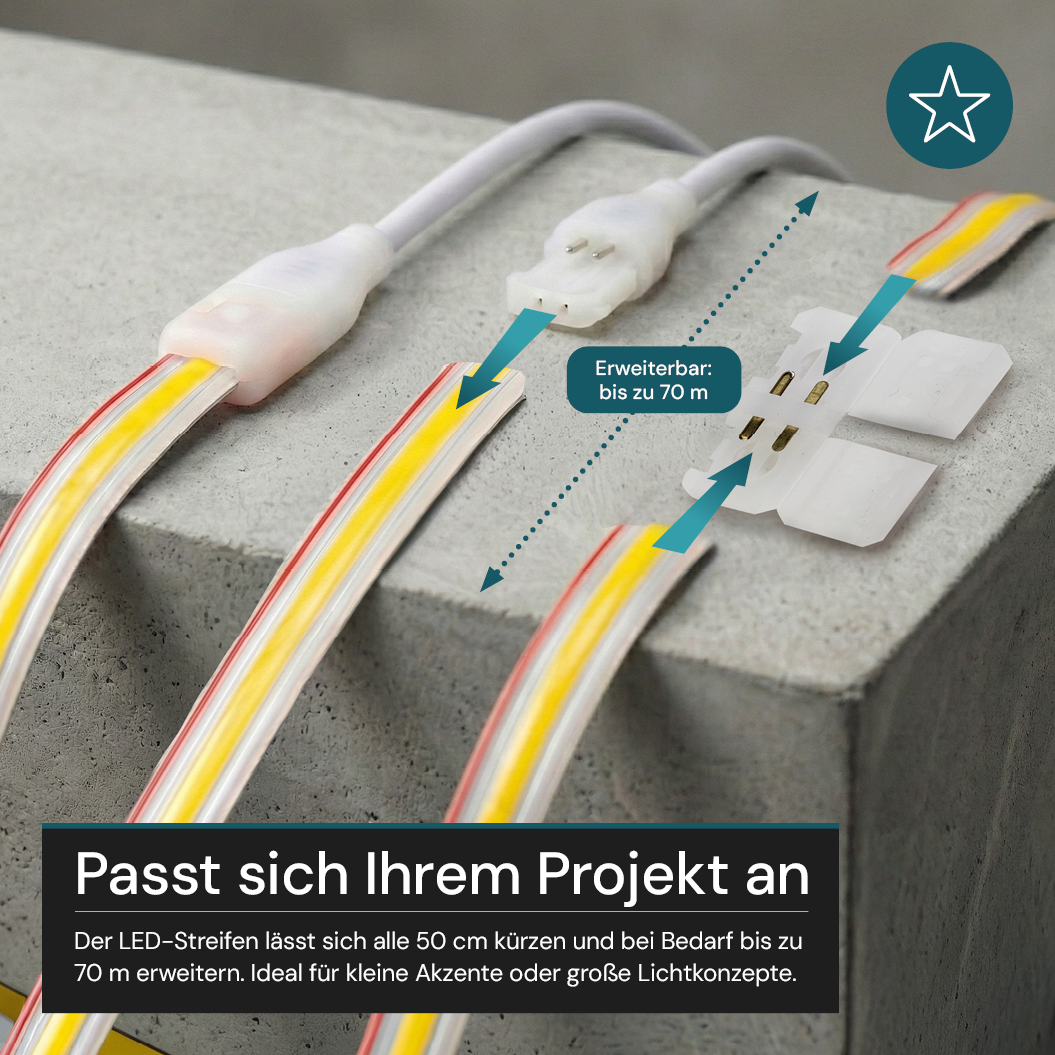 COB LED-Streifen, 25 m, 5000 K neutralweißes Licht, IP65-wassergeschützt, 288 LED/m, 220 V AC, EU-Stecker, 10 W/m, kürzbar und erweiterbar, Außen/Innen