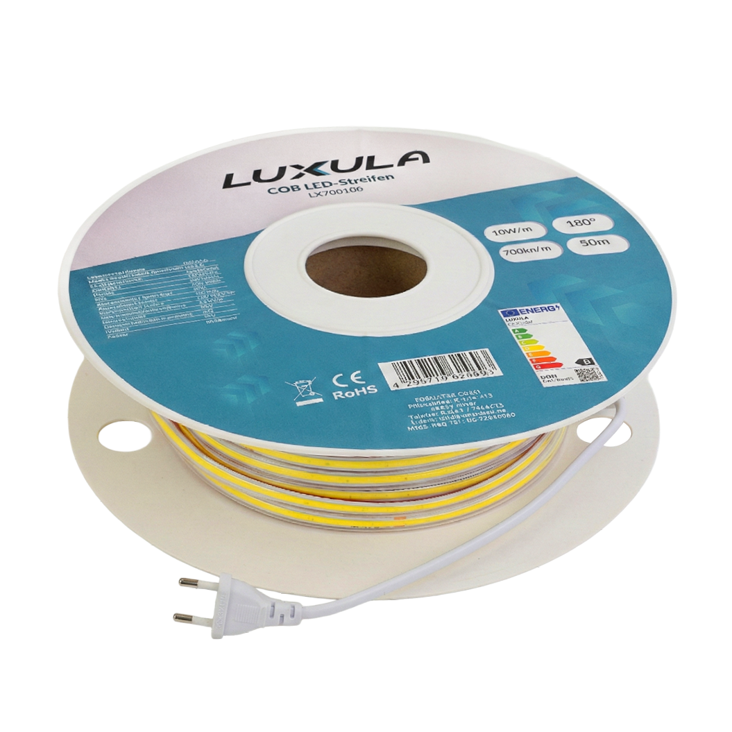 COB LED-Streifen, 50 m, 5000 K neutralweißes Licht, IP65-wassergeschützt, 288 LED/m, 220 V AC, EU-Stecker, 10 W/m, kürzbar und erweiterbar, Außen/Innen