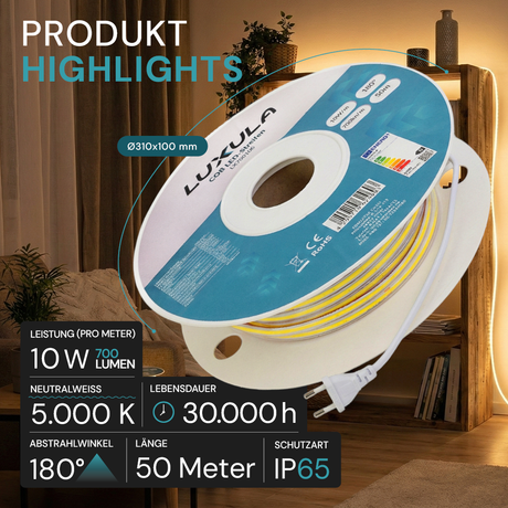 COB LED-Streifen, 50 m, 5000 K neutralweißes Licht, IP65-wassergeschützt, 288 LED/m, 220 V AC, EU-Stecker, 10 W/m, kürzbar und erweiterbar, Außen/Innen