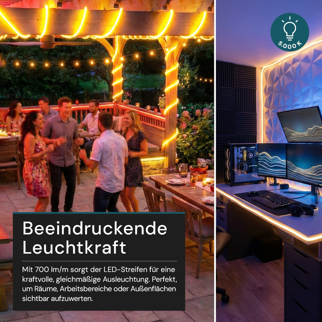 COB LED-Streifen, 50 m, 5000 K neutralweißes Licht, IP65-wassergeschützt, 288 LED/m, 220 V AC, EU-Stecker, 10 W/m, kürzbar und erweiterbar, Außen/Innen