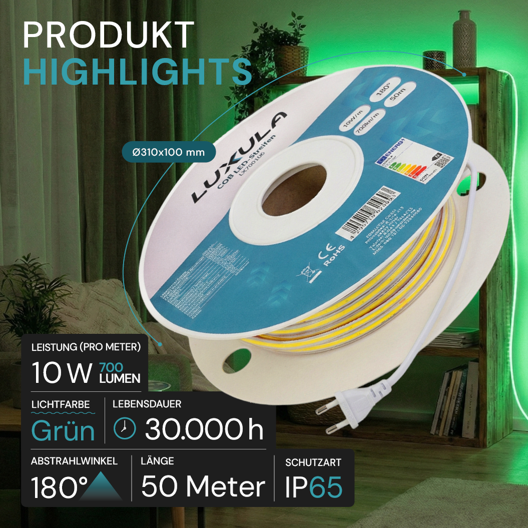 COB LED-Streifen, 50 m, grünes Licht, IP65-wassergeschützt, 288 LED/m, 220 V AC, EU-Stecker, 10 W/m, kürzbar und erweiterbar, Außen/Innen