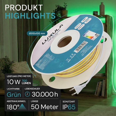 COB LED-Streifen, 50 m, grünes Licht, IP65-wassergeschützt, 288 LED/m, 220 V AC, EU-Stecker, 10 W/m, kürzbar und erweiterbar, Außen/Innen