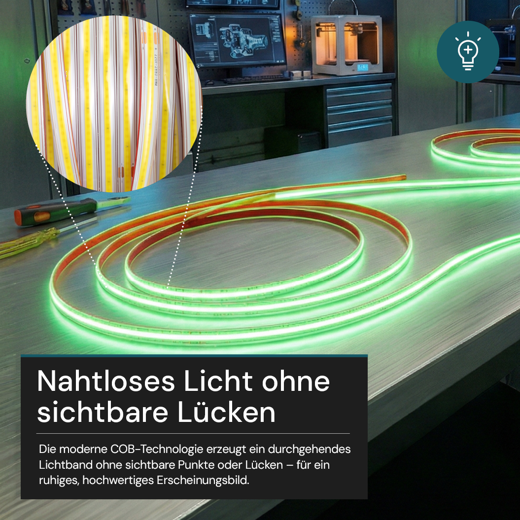 COB LED-Streifen, 50 m, grünes Licht, IP65-wassergeschützt, 288 LED/m, 220 V AC, EU-Stecker, 10 W/m, kürzbar und erweiterbar, Außen/Innen