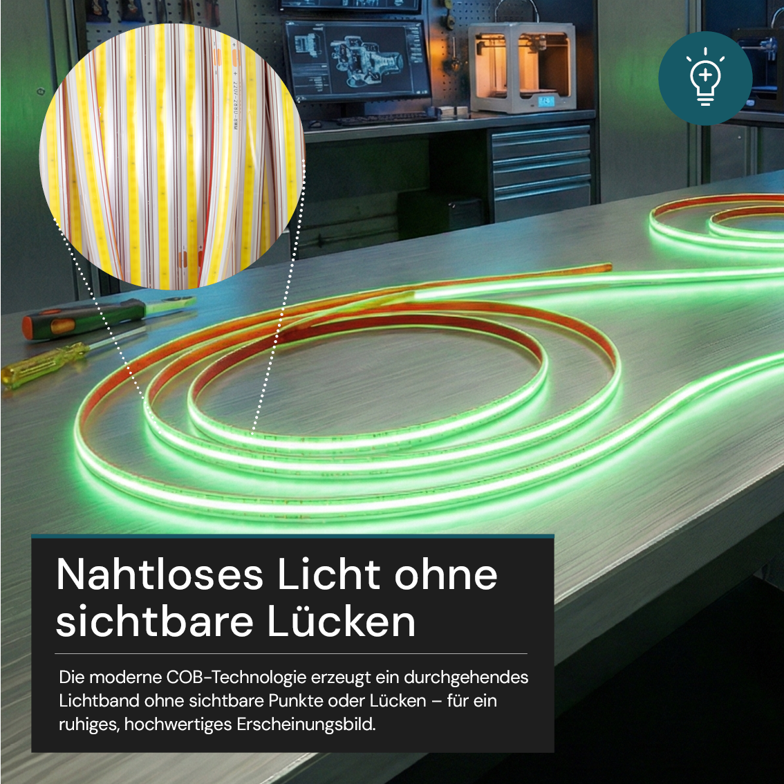 COB LED-Streifen, 50 m, grünes Licht, IP65-wassergeschützt, 288 LED/m, 220 V AC, EU-Stecker, 10 W/m, kürzbar und erweiterbar, Außen/Innen –