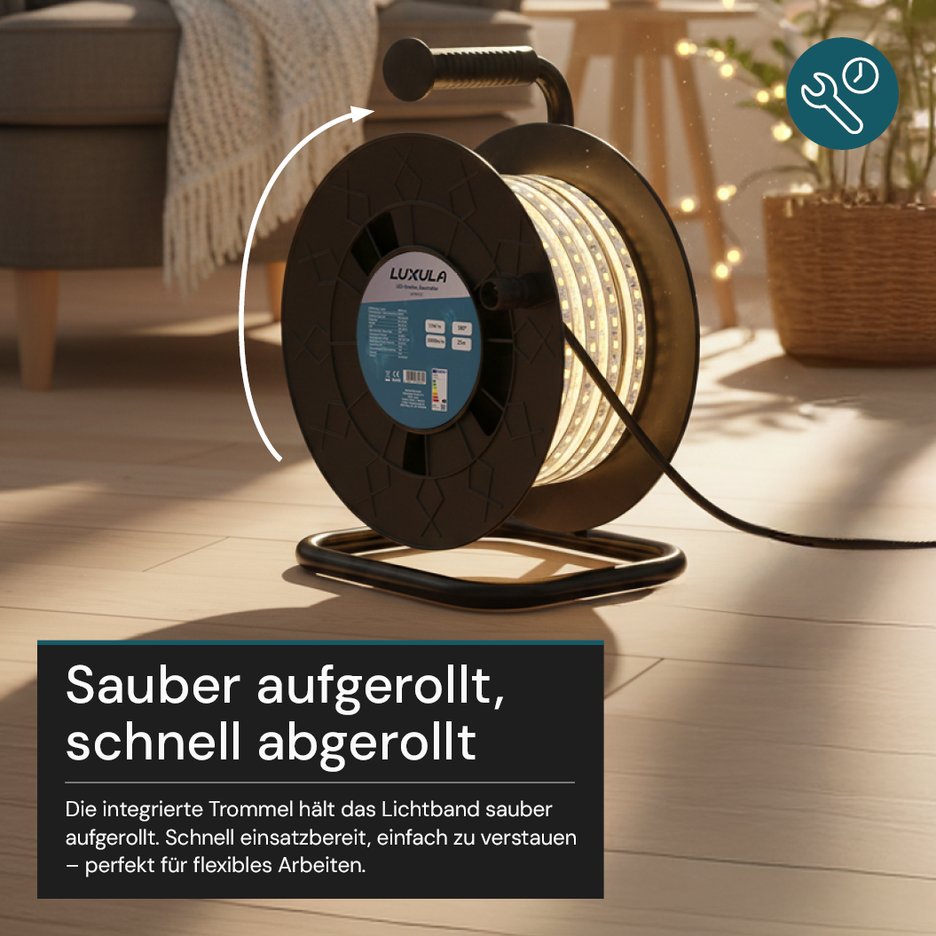 LED-Streifen, Baustrahler, 15 m, 5000 K (neutralweiß), IP65-wassergeschützt, 1000 lm/m, 180 LED/m, 220 V AC, EU-Stecker, Lichtbandtrommel, kürzbar und erweiterbar, Außen/Innen