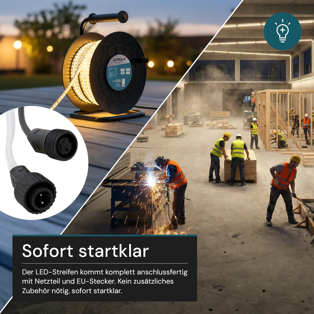 LED-Streifen, Baustrahler, 15 m, 5000 K (neutralweiß), IP65-wassergeschützt, 1000 lm/m, 180 LED/m, 220 V AC, EU-Stecker, Lichtbandtrommel, kürzbar und erweiterbar, Außen/Innen