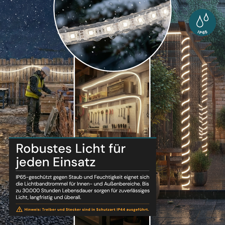 LED-Streifen, Baustrahler, 15 m, 5000 K (neutralweiß), IP65-wassergeschützt, 1000 lm/m, 180 LED/m, 220 V AC, EU-Stecker, Lichtbandtrommel, kürzbar und erweiterbar, Außen/Innen