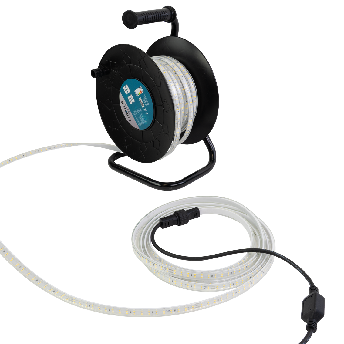 LED-Streifen, Baustrahler, 15 m, 5000 K (neutralweiß), IP65-wassergeschützt, 1000 lm/m, 180 LED/m, 220 V AC, EU-Stecker, Lichtbandtrommel, kürzbar und erweiterbar, Außen/Innen
