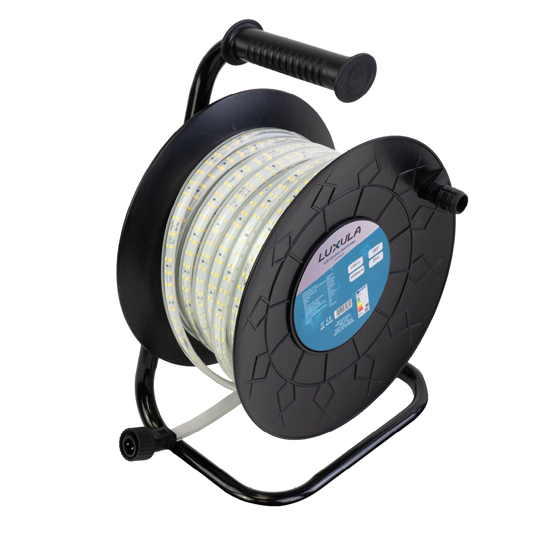 LED-Streifen, Baustrahler, 15 m, 5000 K (neutralweiß), IP65-wassergeschützt, 1000 lm/m, 180 LED/m, 220 V AC, EU-Stecker, Lichtbandtrommel, kürzbar und erweiterbar, Außen/Innen