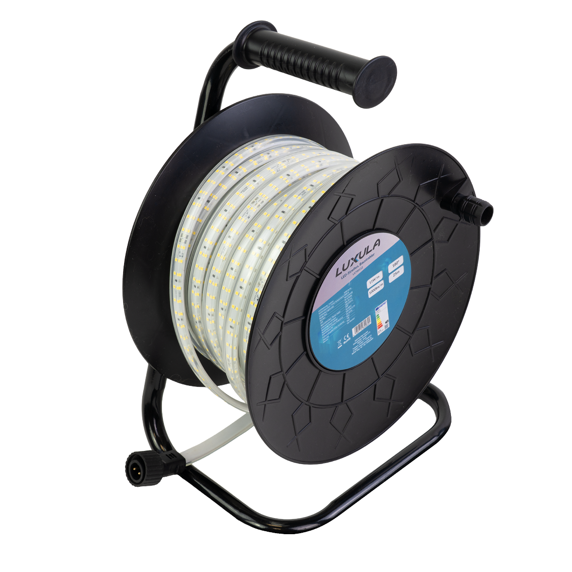 LED-Streifen, Baustrahler, 15 m, grünes Licht, IP65-wassergeschützt, 180 LED/m, 220 V AC, EU-Stecker, Lichtbandtrommel, kürzbar und erweiterbar, Außen/Innen