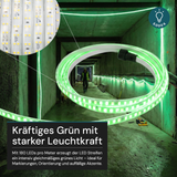 LED-Streifen, Baustrahler, 15 m, grünes Licht, IP65-wassergeschützt, 180 LED/m, 220 V AC, EU-Stecker, Lichtbandtrommel, kürzbar und erweiterbar, Außen/Innen