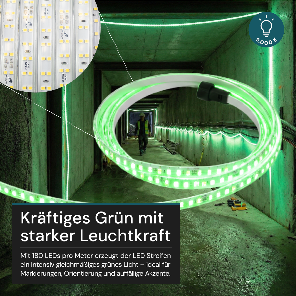 LED-Streifen, Baustrahler, 15 m, grünes Licht, IP65-wassergeschützt, 180 LED/m, 220 V AC, EU-Stecker, Lichtbandtrommel, kürzbar und erweiterbar, Außen/Innen
