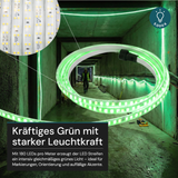 LED-Streifen, Baustrahler, 15 m, grünes Licht, IP65-wassergeschützt, 180 LED/m, 220 V AC, EU-Stecker, Lichtbandtrommel, kürzbar und erweiterbar, Außen/Innen