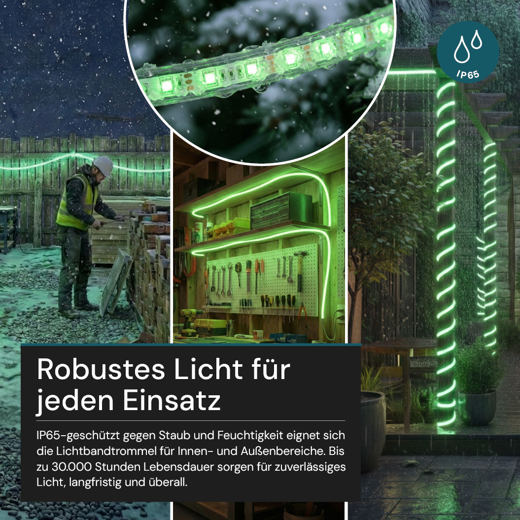 LED-Streifen, Baustrahler, 15 m, grünes Licht, IP65-wassergeschützt, 180 LED/m, 220 V AC, EU-Stecker, Lichtbandtrommel, kürzbar und erweiterbar, Außen/Innen