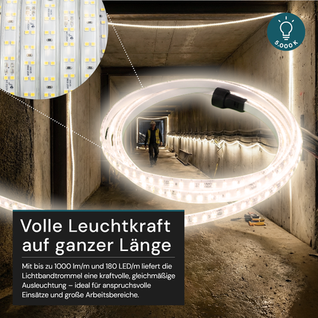 LED-Streifen, Baustrahler, 50 m, 5000 K (neutralweiß), IP65-wassergeschützt, 1000 lm/m, 180 LED/m, 220 V AC, EU-Stecker, Lichtbandtrommel, kürzbar und erweiterbar, Außen/Innen.