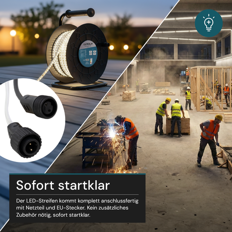 LED-Streifen, Baustrahler, 50 m, 5000 K (neutralweiß), IP65-wassergeschützt, 1000 lm/m, 180 LED/m, 220 V AC, EU-Stecker, Lichtbandtrommel, kürzbar und erweiterbar, Außen/Innen.