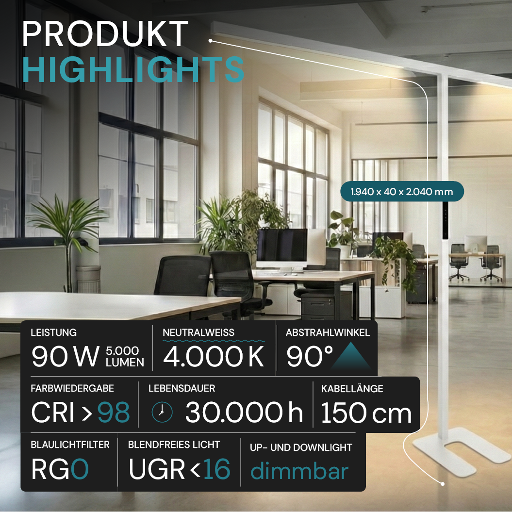 LED-Büro-Stehleuchte, Up/Down, UGR<16, CRI98, dimmbar, 90 W, 1940 x 40 x 2040 mm, 5000 lm, weiß