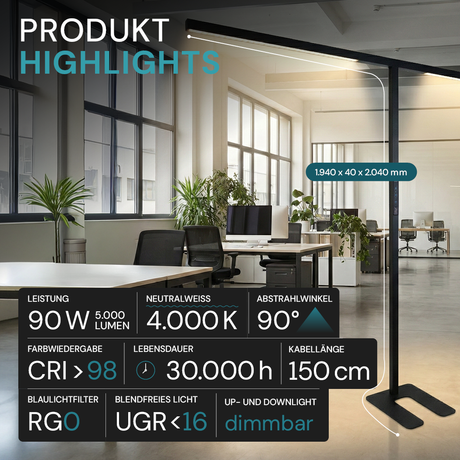 LED-Büro-Stehleuchte, Up/Down, UGR<16, CRI98, dimmbar, 90 W, 1940 x 40 x 2040 mm, 5000 lm, schwarz