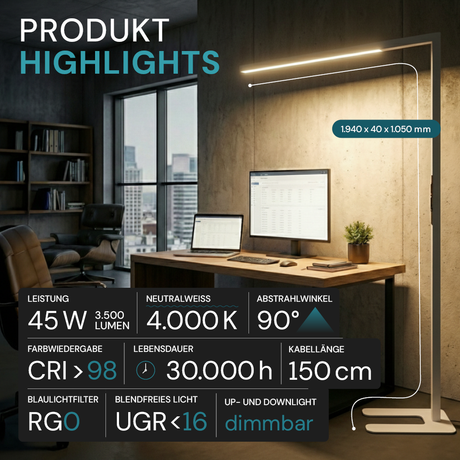 LED-Büro-Stehleuchte, Up/Down, UGR<16, CRI98, dimmbar, 45 W, 1940 x 40 x 1050 mm, 3500 lm, weiß