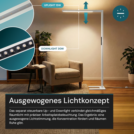 LED-Büro-Stehleuchte, Up/Down, UGR<16, CRI98, dimmbar, 45 W, 1940 x 40 x 1050 mm, 3500 lm, weiß