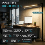 LED-Büro-Stehleuchte, Up/Down, UGR<16, CRI98, dimmbar, 45 W, 1940 x 40 x 1050 mm, 3500 lm, schwarz