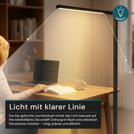 LED-Büro-Stehleuchte, Up/Down, UGR<16, CRI98, dimmbar, 45 W, 1940 x 40 x 1050 mm, 3500 lm, schwarz