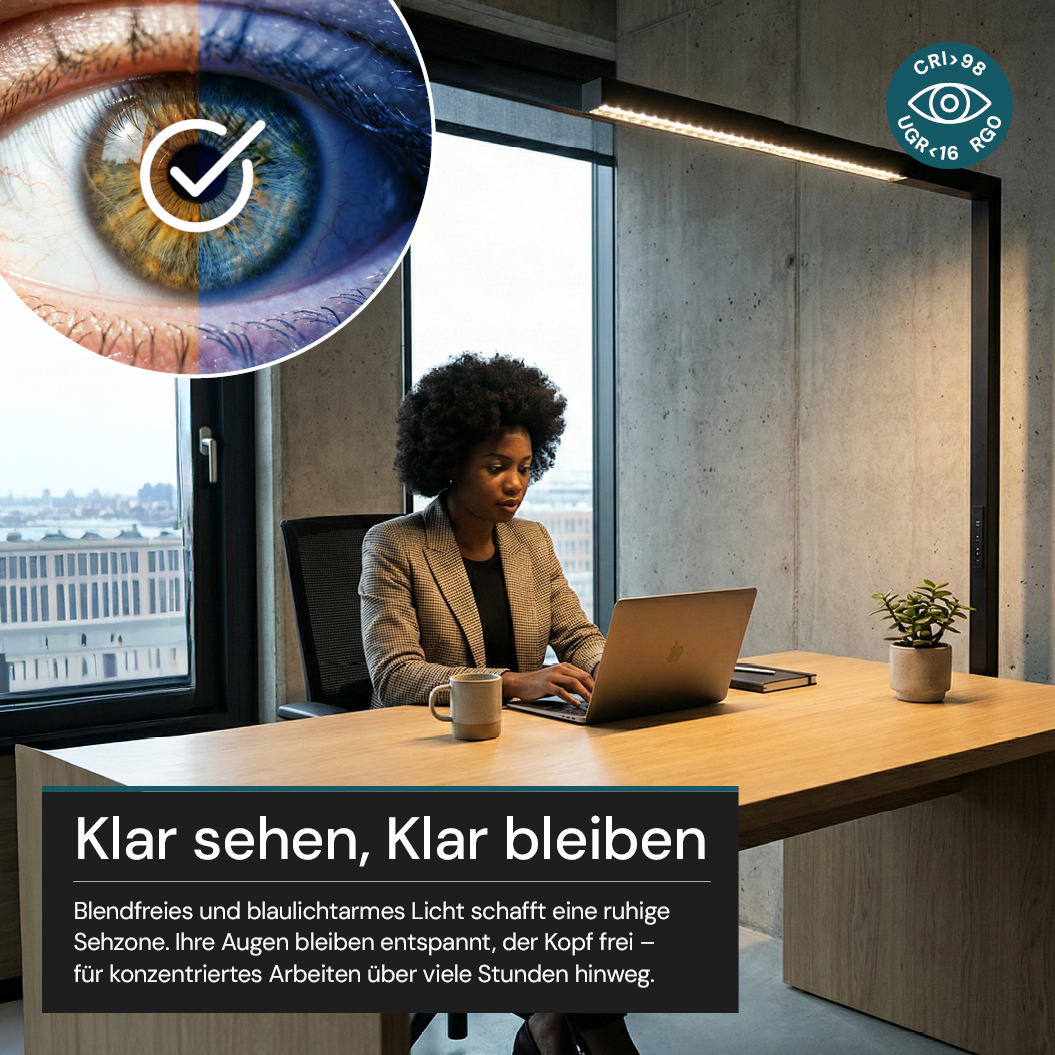 LED-Büro-Stehleuchte, Up/Down, UGR<16, CRI98, dimmbar, 45 W, 1940 x 40 x 1050 mm, 3500 lm, schwarz