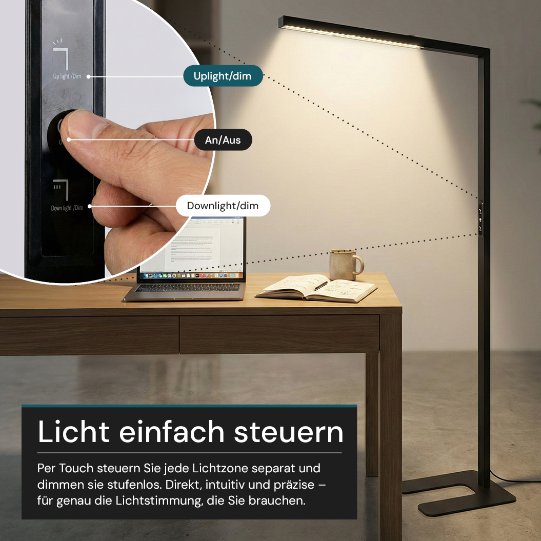 LED-Büro-Stehleuchte, Up/Down, UGR<16, CRI98, dimmbar, 45 W, 1940 x 40 x 1050 mm, 3500 lm, schwarz