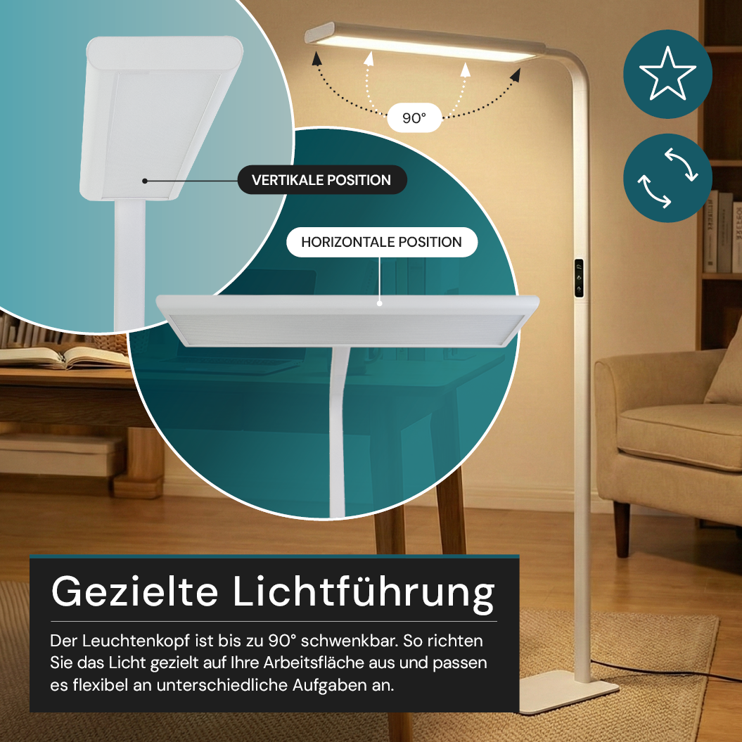LED-Büro-Stehleuchte, Up/Down, UGR<16, CRI98, dimmbar, 60 W, 1700 x 840 x 250 mm, 3500 lm, weiß
