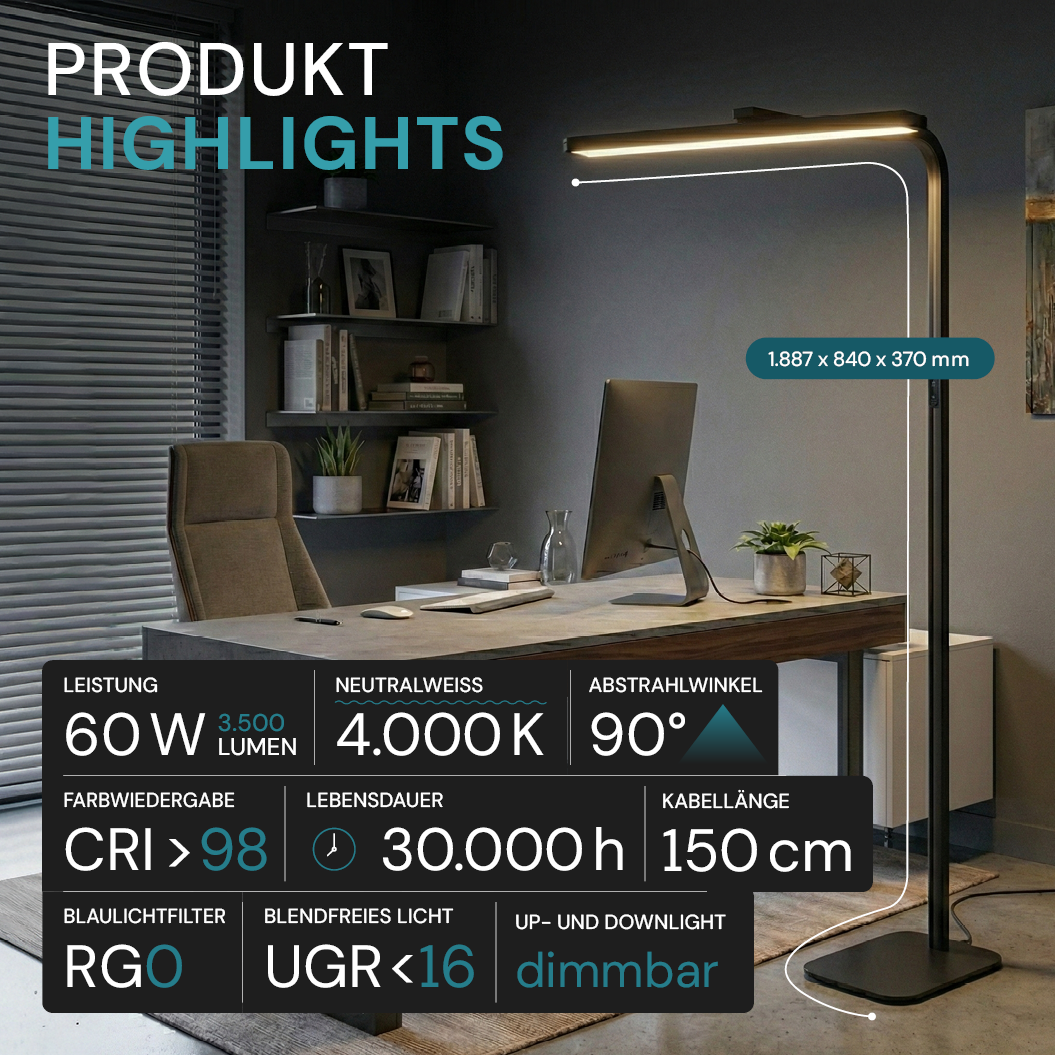 LED-Büro-Stehleuchte, Up/Down, UGR<16, CRI98, dimmbar, 60 W, 1700 x 840 x 250 mm, 3500 lm, schwarz