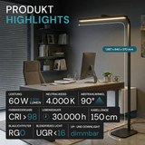 LED-Büro-Stehleuchte, Up/Down, UGR<16, CRI98, dimmbar, 60 W, 1700 x 840 x 250 mm, 3500 lm, schwarz