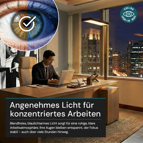 LED-Büro-Stehleuchte, Up/Down, UGR<16, CRI98, dimmbar, 60 W, 1700 x 840 x 250 mm, 3500 lm, schwarz