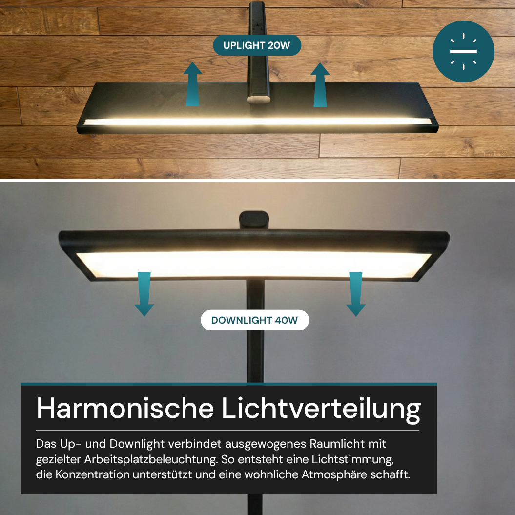 LED-Büro-Stehleuchte, Up/Down, UGR<16, CRI98, dimmbar, 60 W, 1700 x 840 x 250 mm, 3500 lm, schwarz