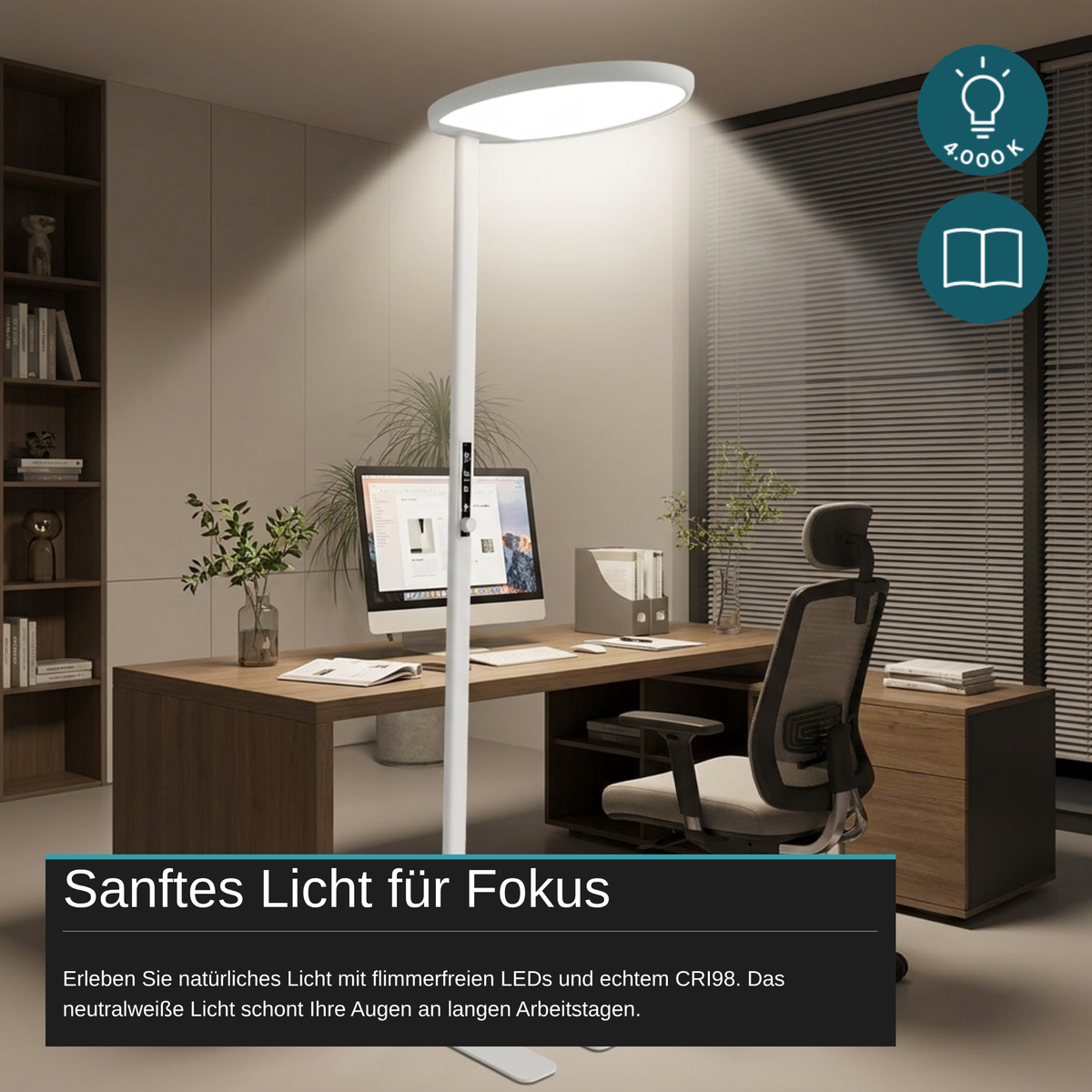 LED-Büro-Stehleuchte, Up/Down, 110 W, 8.000 lm, 4.000 K, weiß, UGR<16, dimmbar
