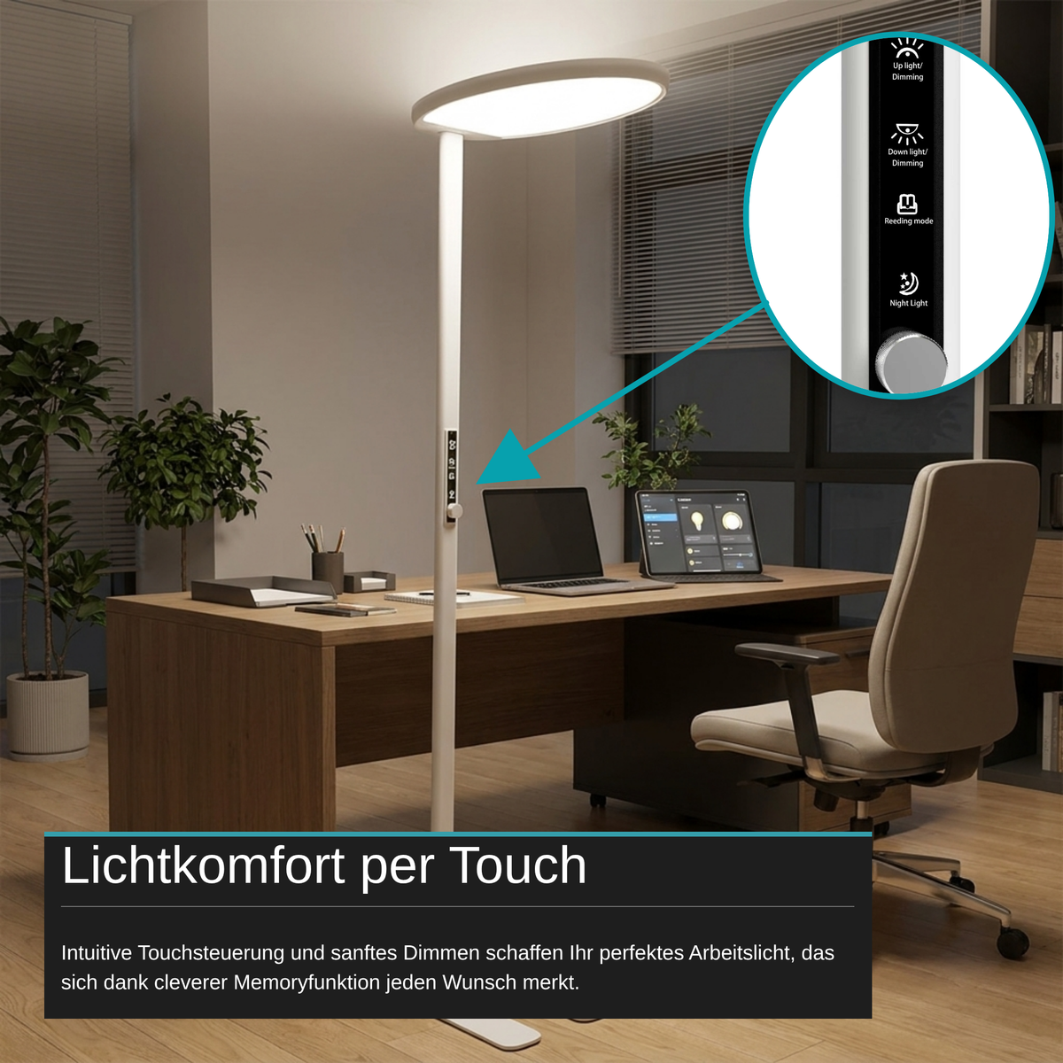 LED-Büro-Stehleuchte, Up/Down, 110 W, 8.000 lm, 4.000 K, weiß, UGR<16, dimmbar