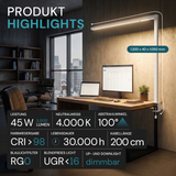 LED Büro-Klemmleuchtel Up/Down, UGR<16, CRI98, dimmbar, 45 W, 1200 x 40 x 1050 mm, 3500 lm, weiß.