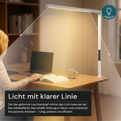 LED Büro-Klemmleuchtel Up/Down, UGR<16, CRI98, dimmbar, 45 W, 1200 x 40 x 1050 mm, 3500 lm, weiß.