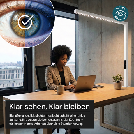 LED Büro-Klemmleuchtel Up/Down, UGR<16, CRI98, dimmbar, 45 W, 1200 x 40 x 1050 mm, 3500 lm, weiß.